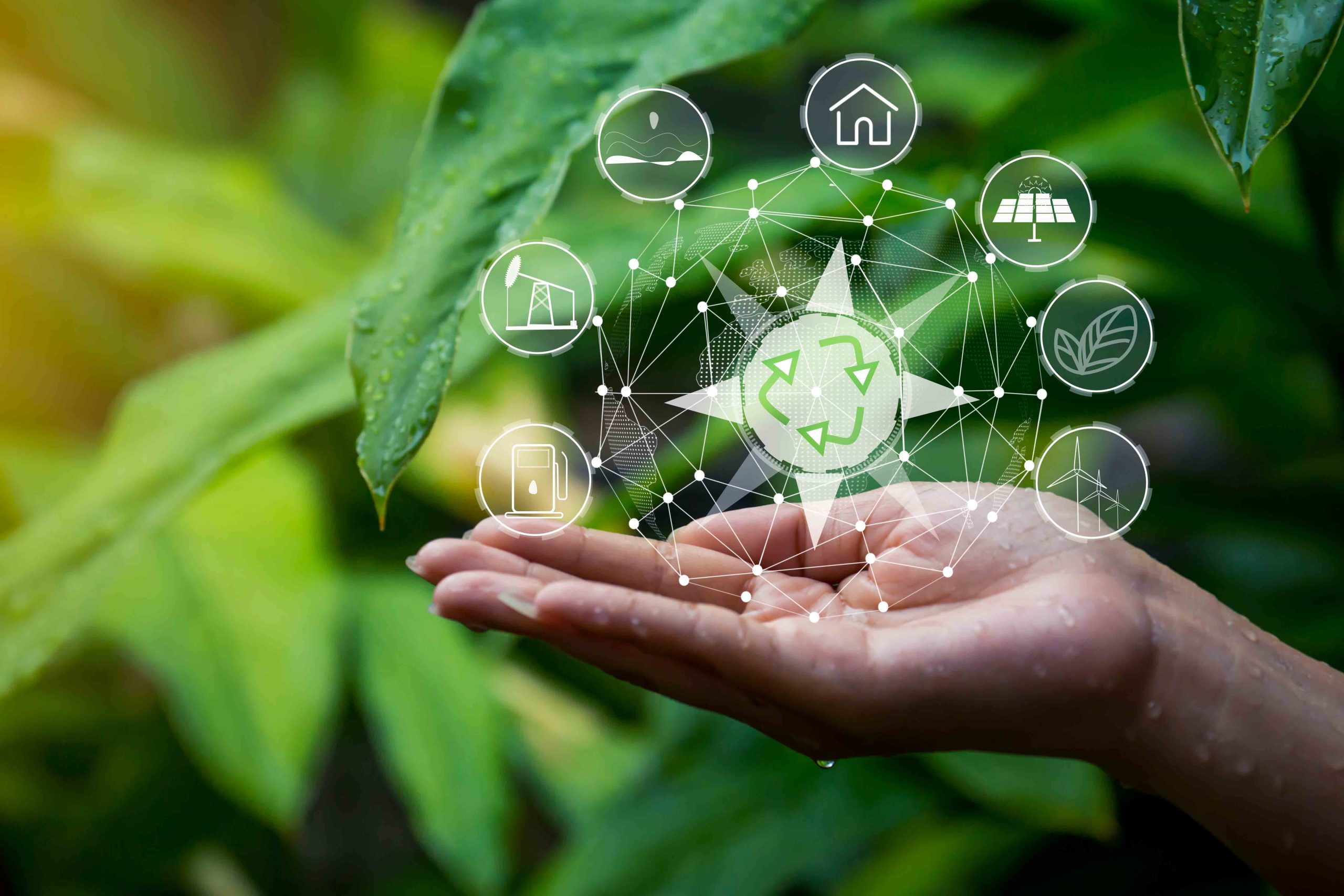 Technology, hand holding with environment Icons over the Network connection on green background.